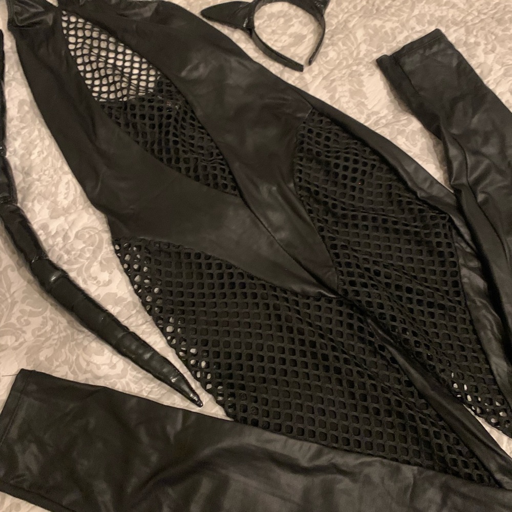 Black Mesh Halter Jumpsuit Cat Costume - Picture 4 of 7